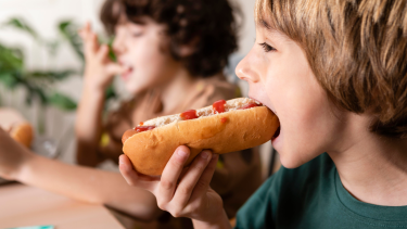 kid eating hot dog