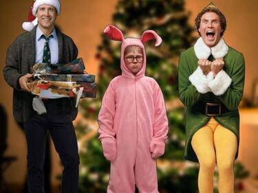 Man with Santa Hat. Boy dressed as a bunny. Man dressed as an elf.