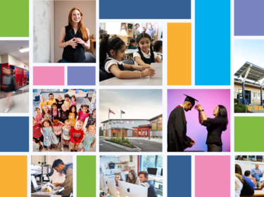 Graphic Banner image with various school photos and coloured blocks